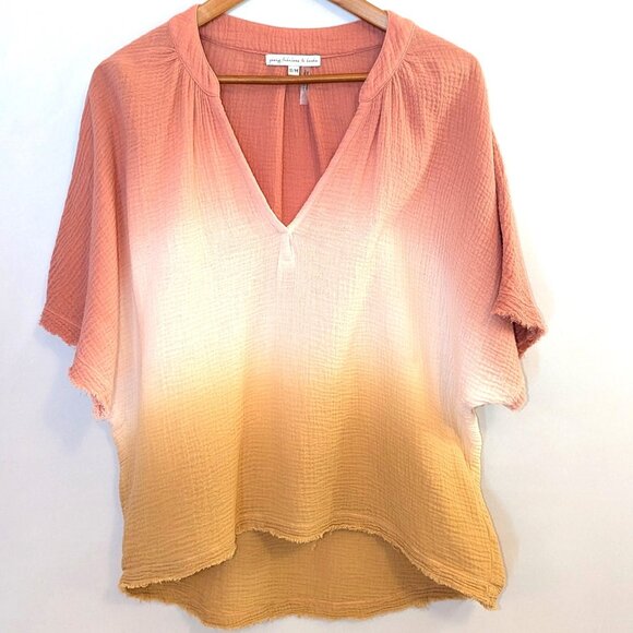 Young Fabulous & Broke | Gauze Cotton Ombre Top in Melon & Mustard Yellow | S/M - Picture 3 of 10